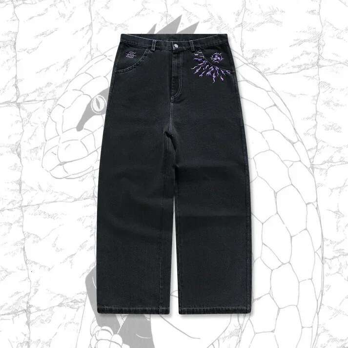 Harajuku Street Hip Hop Gothic Pattern Embroidered Black Loose Straight leg Jeans for Men and Women