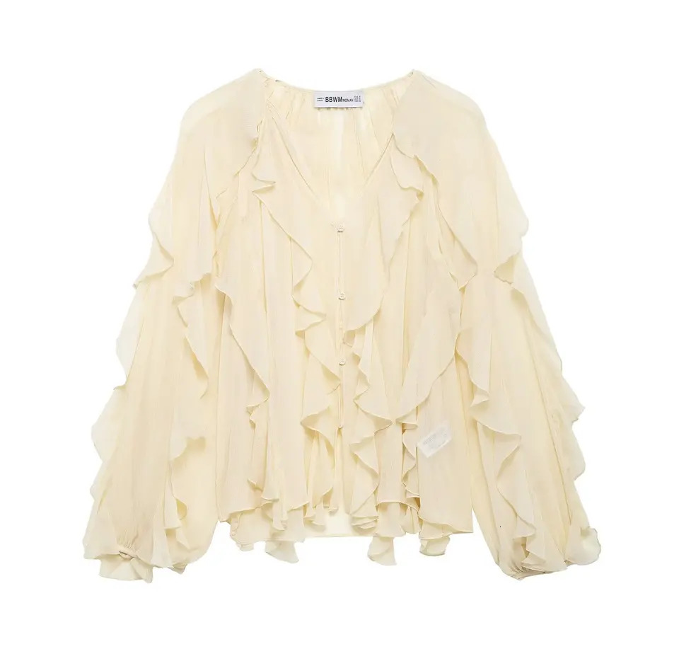 DUOPERI Women Fashion Solid Ruffled Blouse Vintage V-Neck Long Sleeves Female Chic Lady Shirts 250320