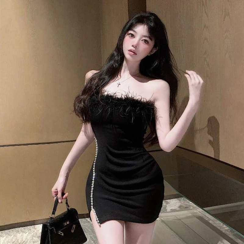 Strapless Dress Womens Feather Collar Bead Seam Birthday Party Packaging 250320