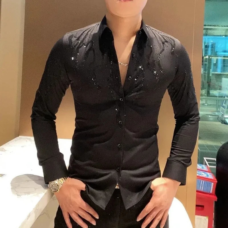 Mens Spring Autumn Solid Color Long Sleeve Button Turn-down Collar Rhinestone Cardigan Shirt Retro Casual England Style Tops 250313
