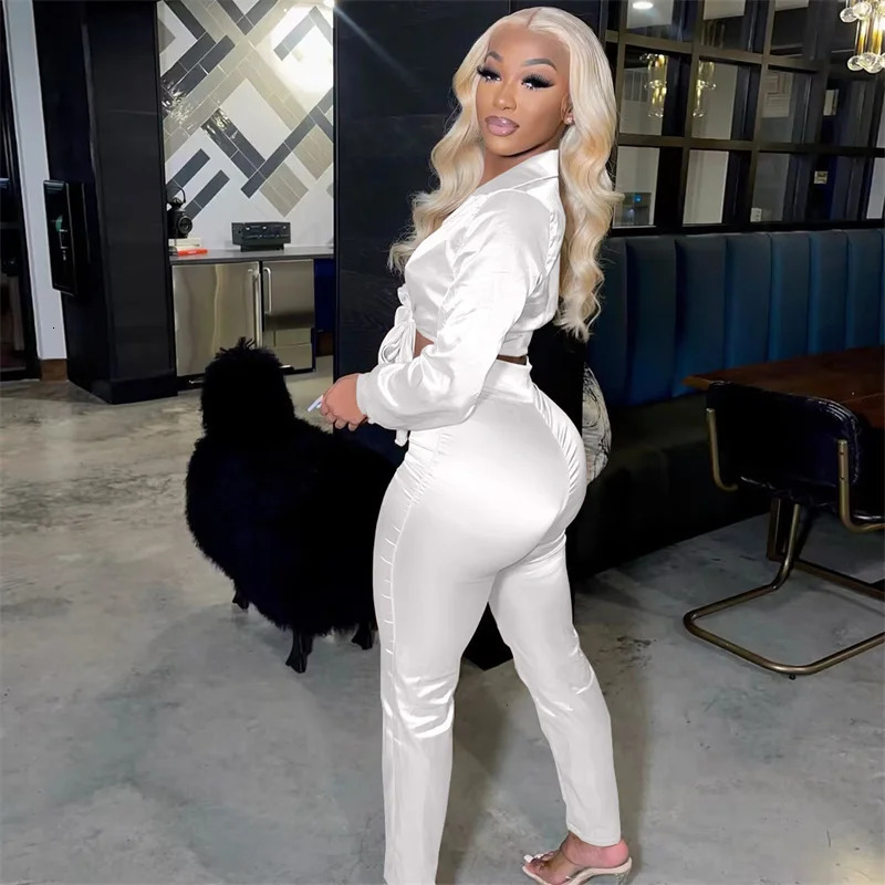 Elegant Satin Two Piece Set Women Clothing Long Sleeve Lace-Up Crop Top and Pants Club Birthday Outfits Matching Sets Wholesale 250320