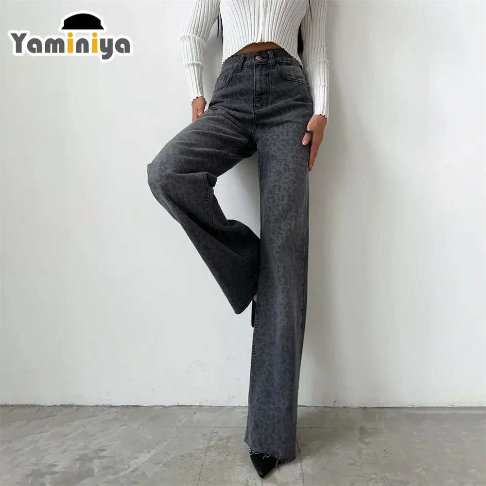 Yaminiya Autumn Womens Jeans High Waist With A Leopard Print Women Flared Pants Distressed Washed Vintage Womens Pants 250320