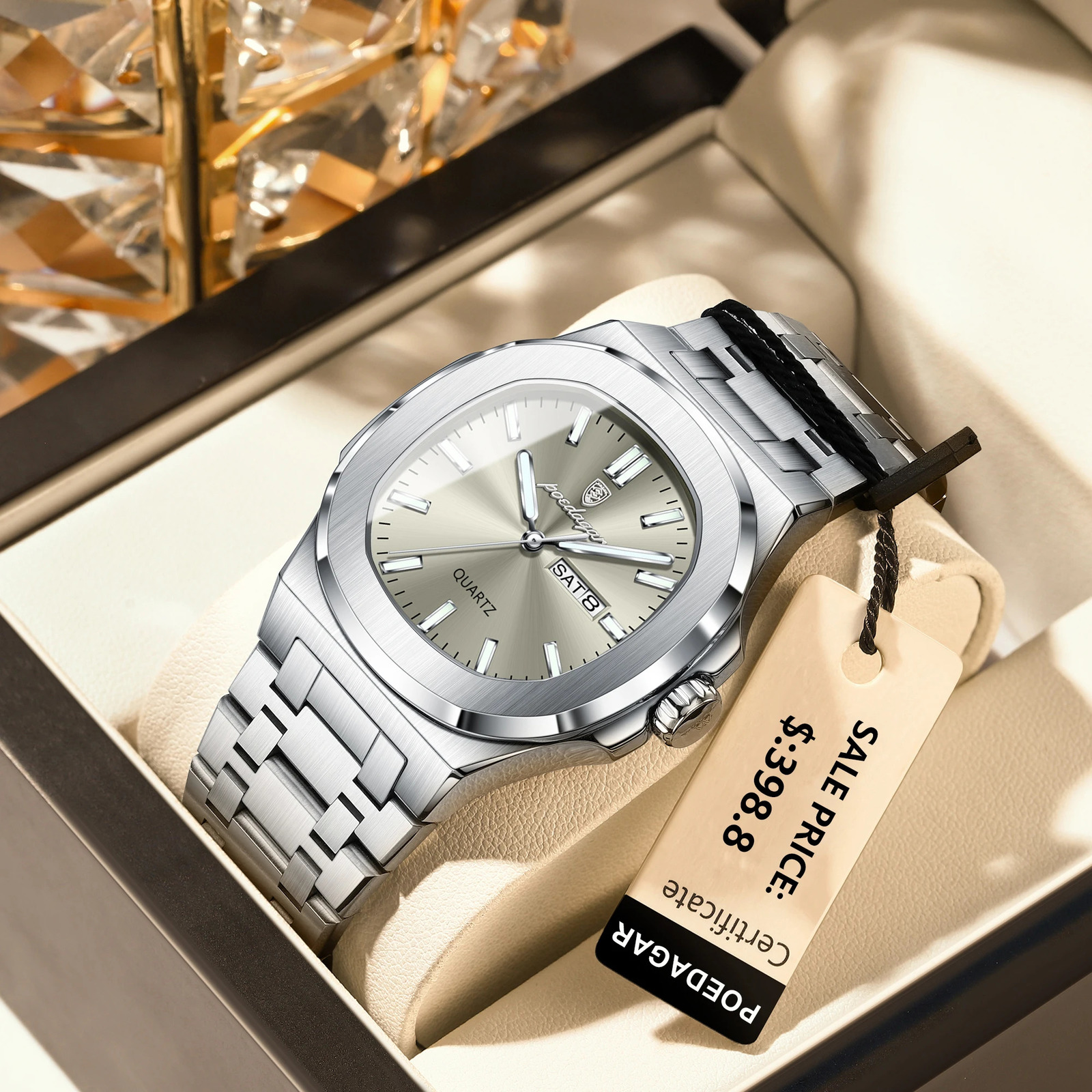 POEDAGAR Fashion Square Men Clock Waterproof Luminous Date Week Man Wristwatch High Quality Stainless Steel Quartz Mens Watches 250320