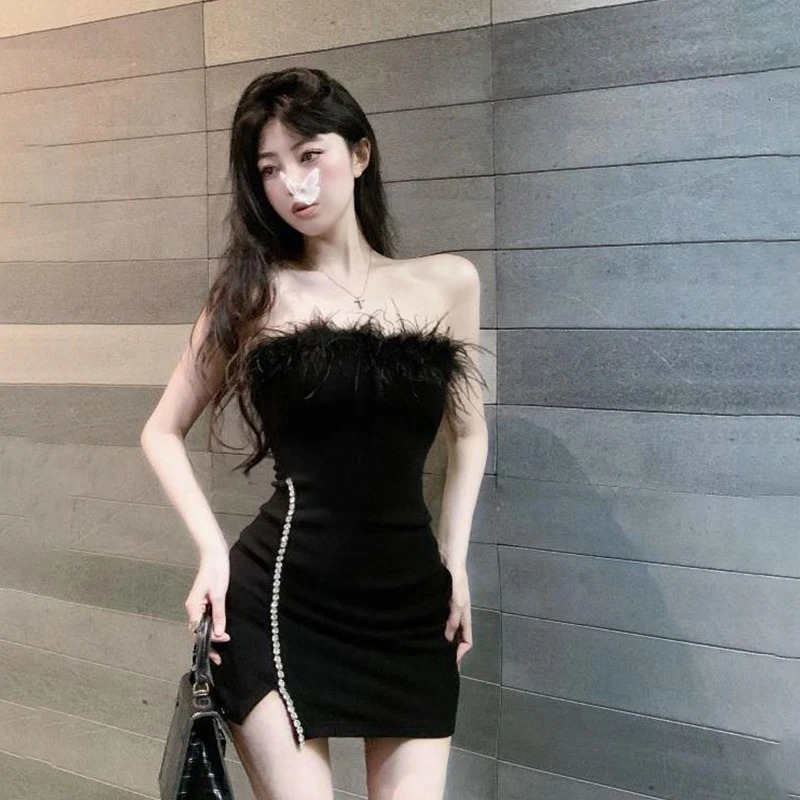 Strapless Dress Womens Feather Collar Bead Seam Birthday Party Packaging 250320