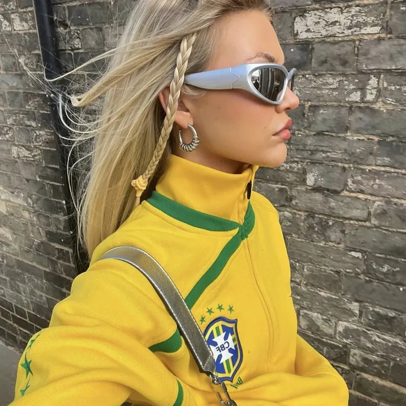 Y2K Aesthetic Vintage Slim Fit Yellow Sweatshirts BRASIL Letter Embroidery Graphic Womens 00s Retro Hooded Zip Up Jackets Coats 250320