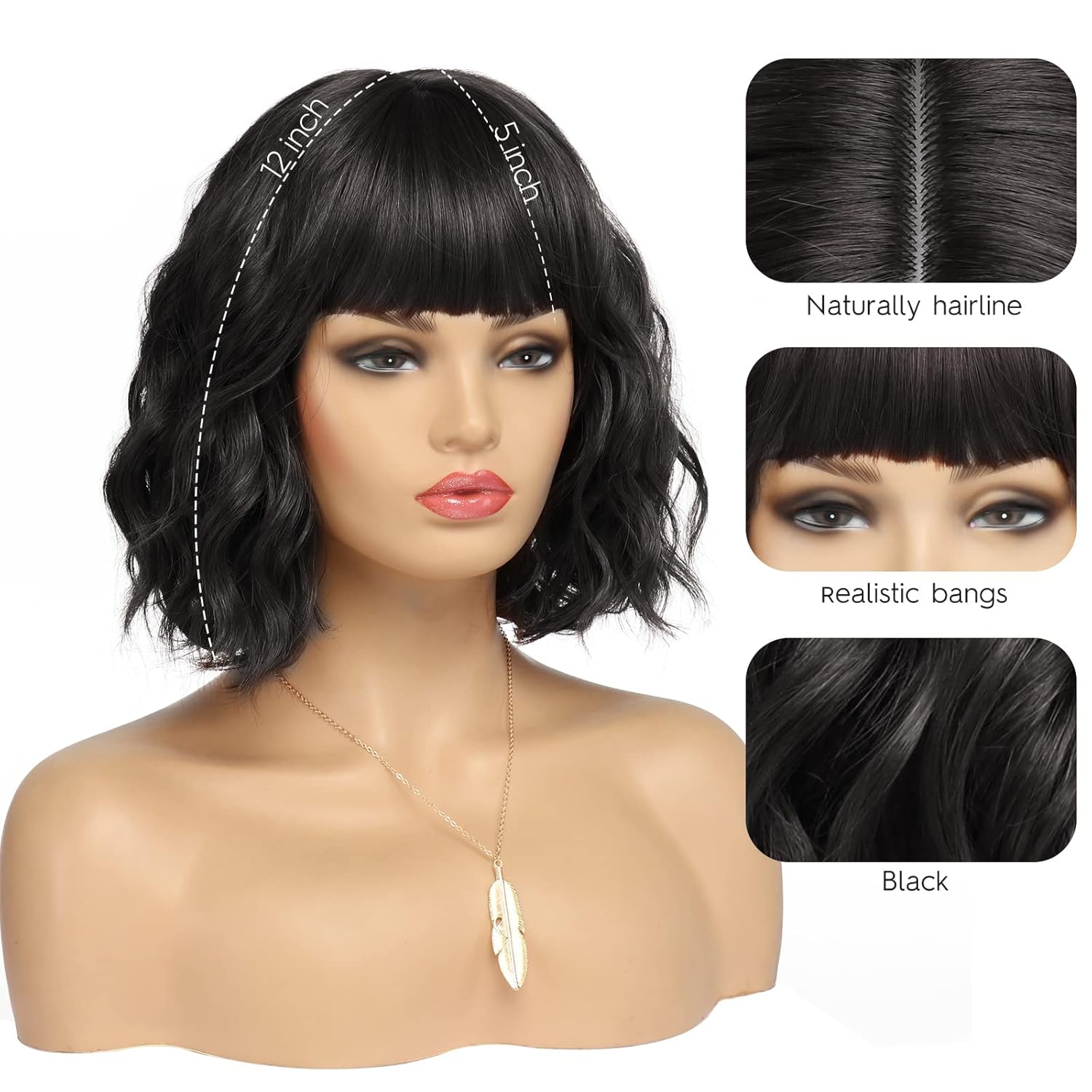 Short Black Bob Wig With Bangs Synthetic Natural Hair Wigs for Women Wavy Shoulder Length Wig Water Wave(12 Inches)
