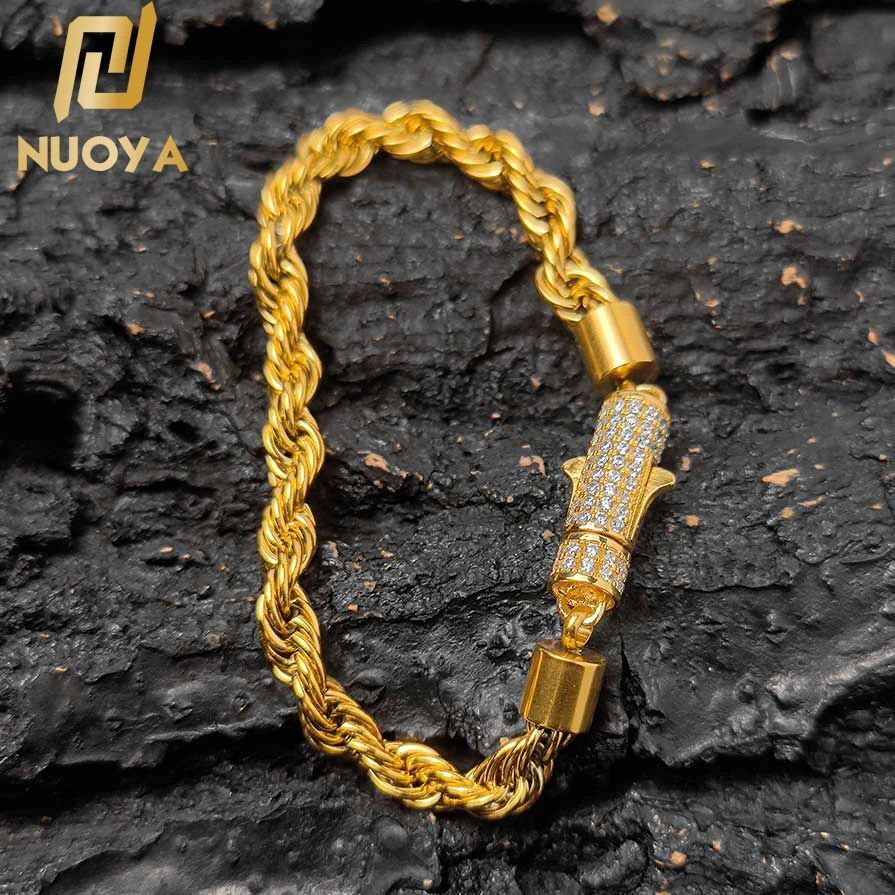 New Style 6mm Iced Out Clasp Rope Chain Stainless Steel 18K Gold Plated Twist Rope Chaain Bracelet Jewelry For Women
