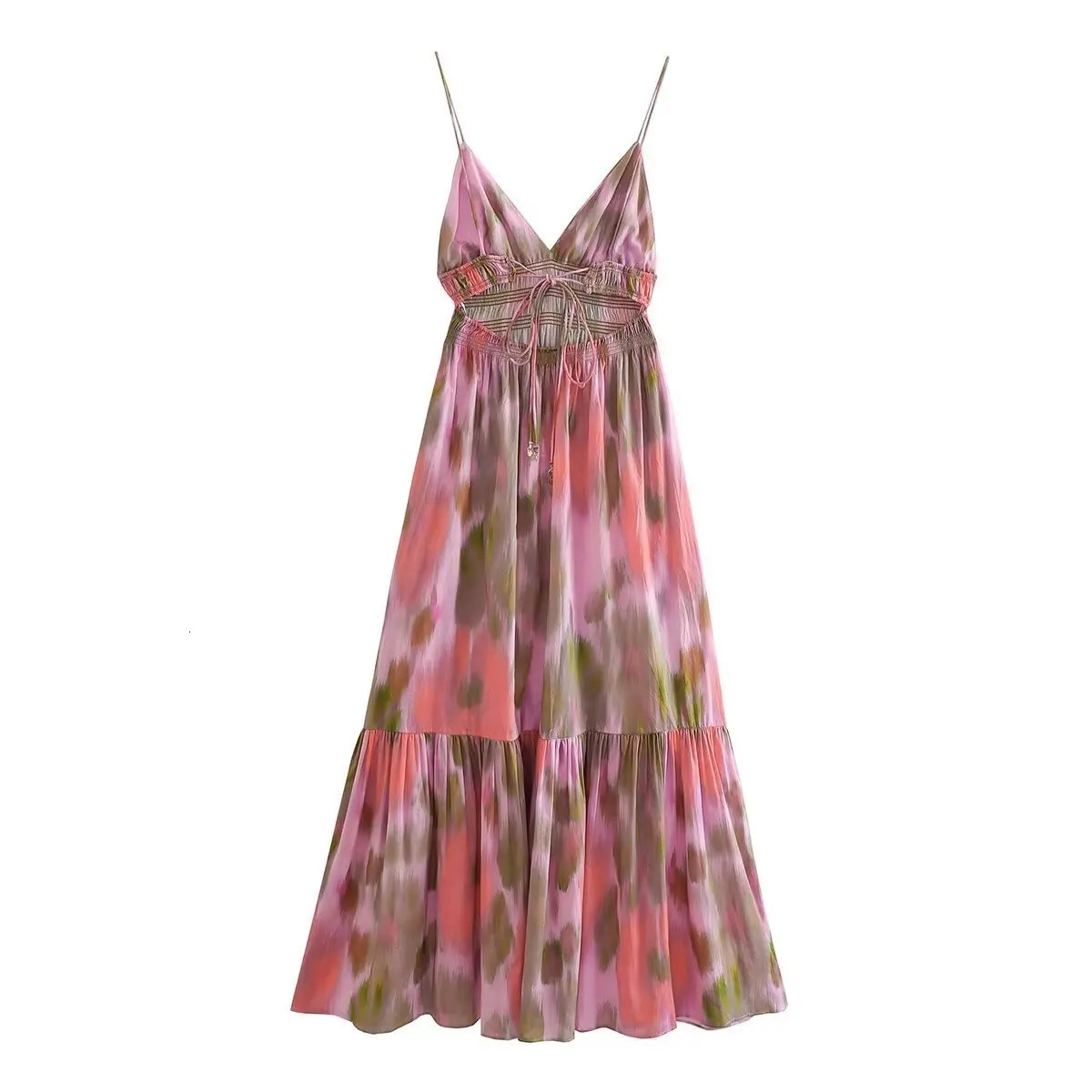 Fashion Printed Elastic Waist Backless Dress Women Lace Up Vintage Straps VNeck Midi Dresses Female Vacation Chic Beach 250317