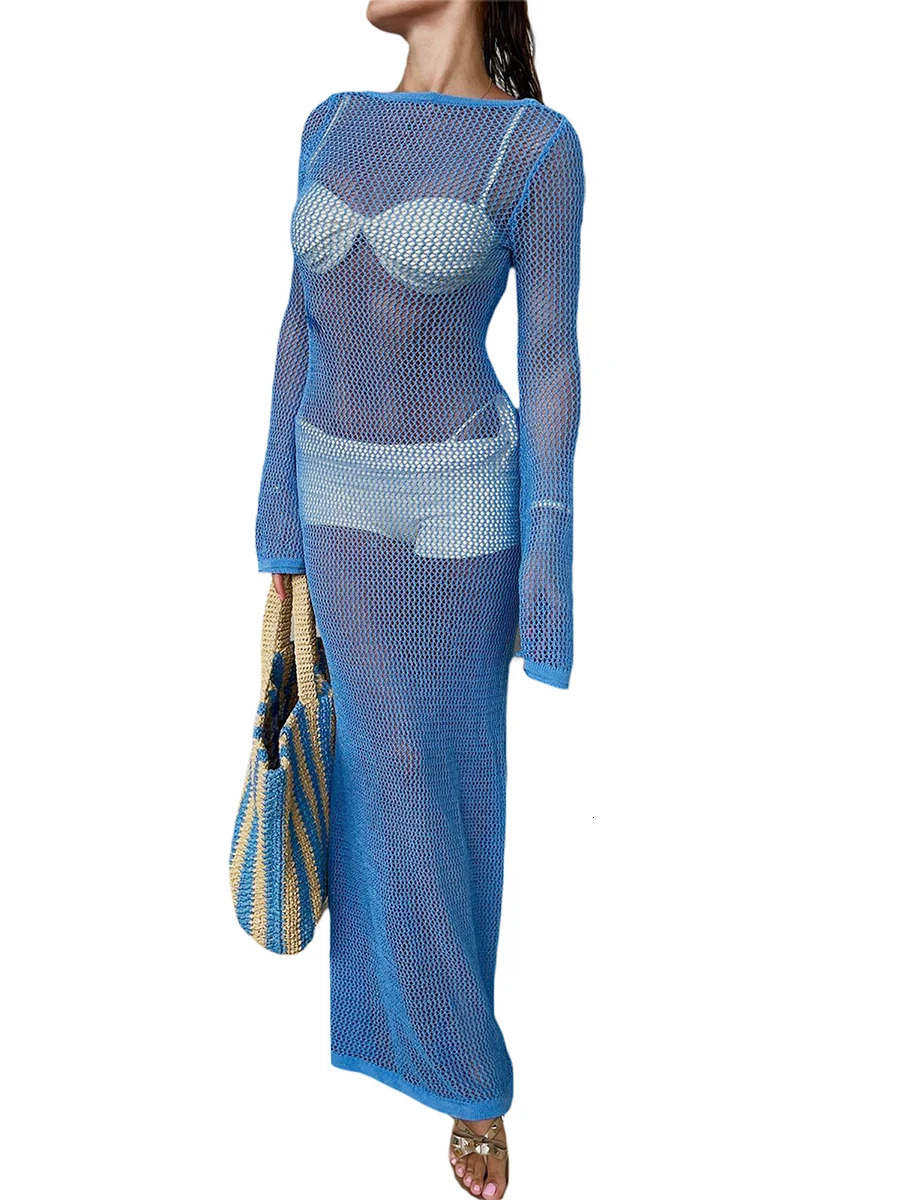 Women s Summer Long Knit Beachwear Solid Color Long Sleeve O Neck Hollow Cover Up 250320