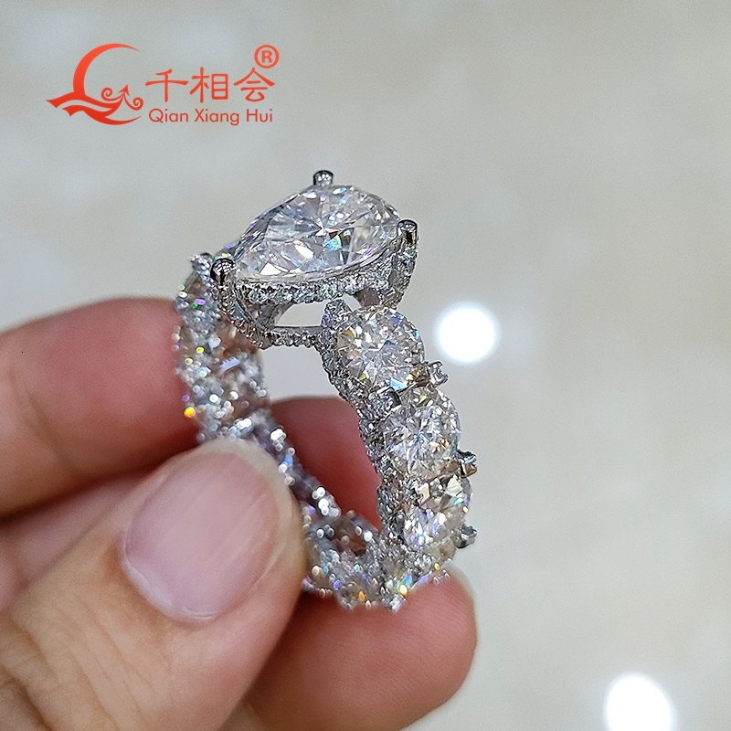 S925 Silver Full Band Setting Ring with 9x13mm Pear round And Melee D VVS White Moissanite - Wedding Jewelry Rings