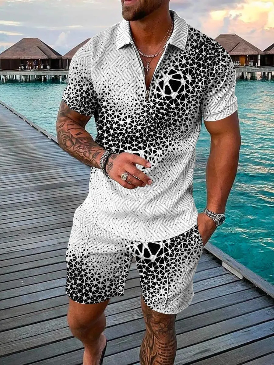 Mens Zipper Collar Polo Shirt and Shorts 2-piece Set Street T-shirt Casual Sportswear Ropa Hombre 3D Retro Mens Wear 250318