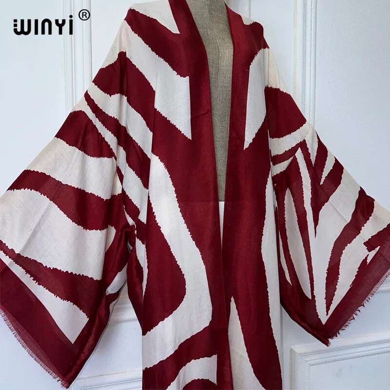 WINYI Kimono Zebra Print Cardigan Abaya Dubai Elegant Beach Outfits Long Coat Women Sexy Cotton Feeg Dress Kaftan