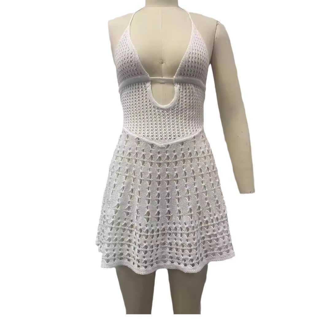 Summer New Vacation Beach Skirt Women's Solid Color Sexy Knitted Dress Beach Bikini Hoodie 250315