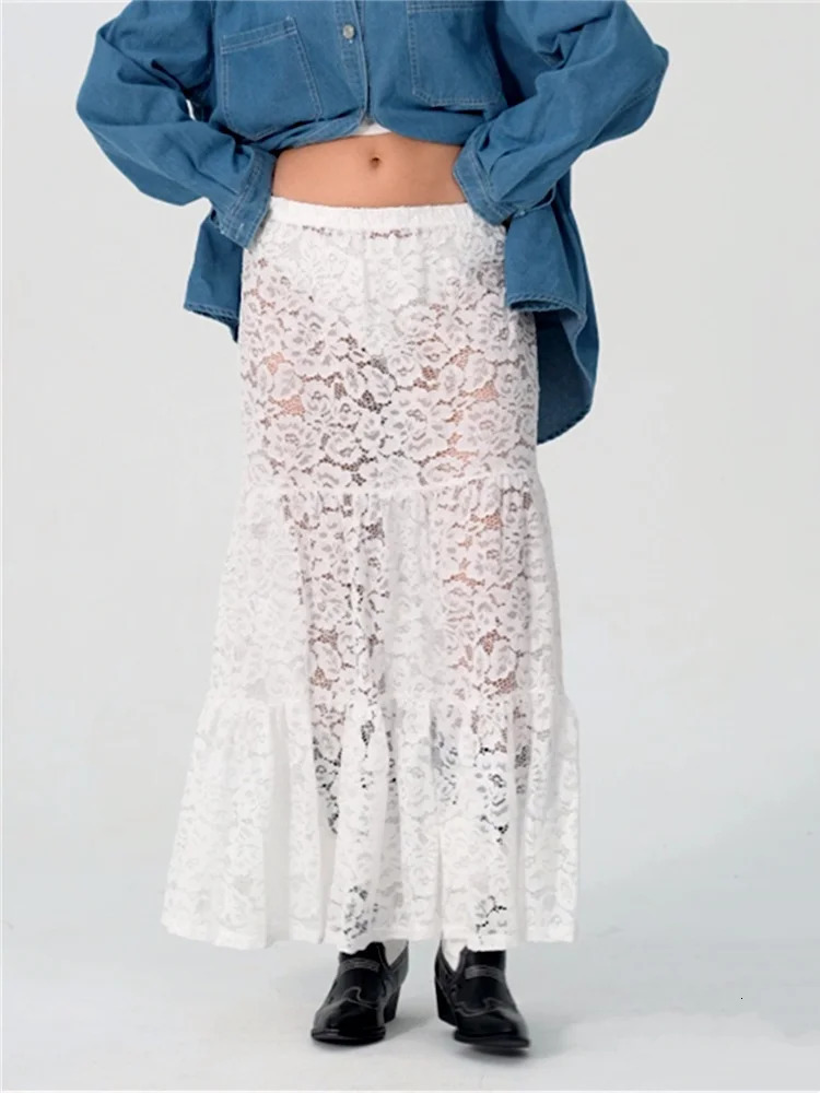 Women Lace Skirt Casual See-Through Lace Elastic A-Line Skirt for Beach Vacation Club Streetwear Aesthetic Clothes Summer 250320