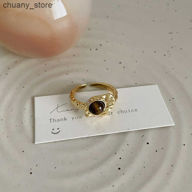 Solitaire Ring French irregular metal tiger eye stone open ring female niche design personalized temperament versatile ring z250321