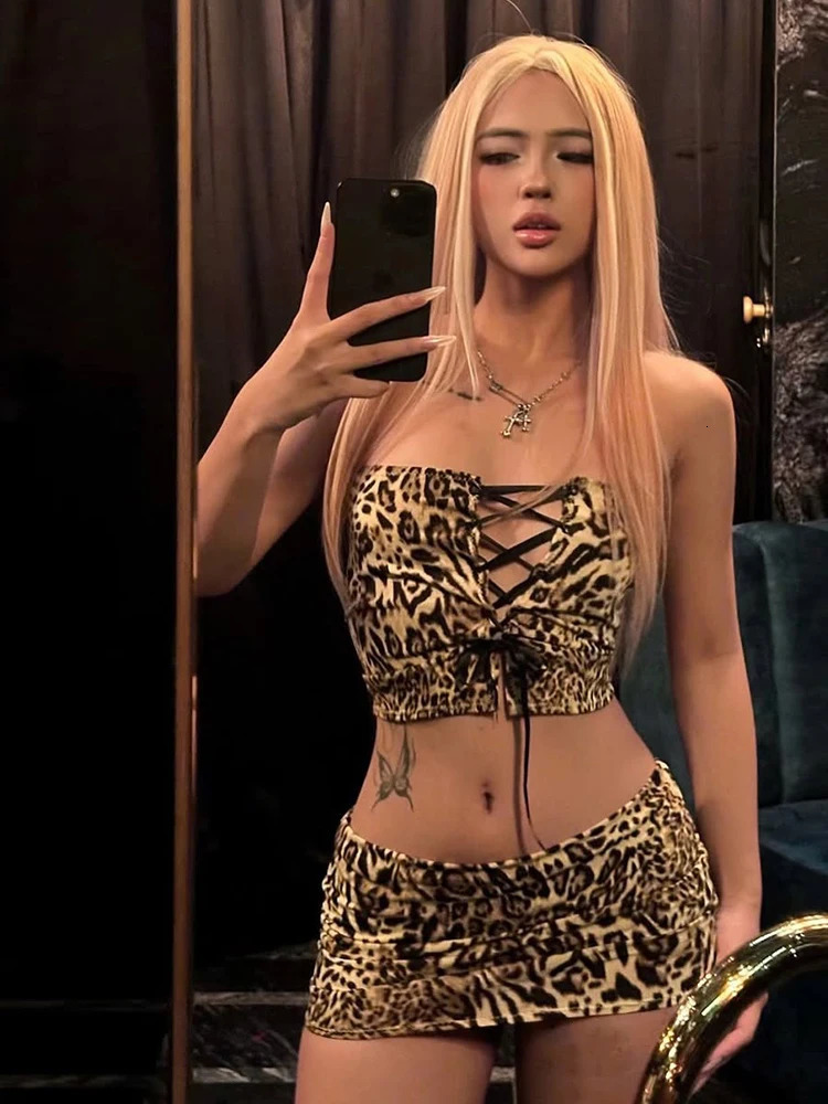 Weird Puss Sexy 2 Piece Set Women Leopard Print Shirring Halter Cleavage Navel Tank Tops Skirt Matching Suit Patchwork Outfits 250320