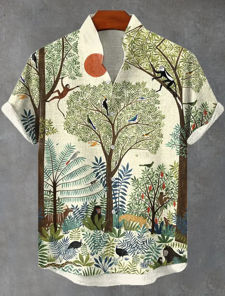 Retro stand collar mens linen short sleeved shirt with forest green series print 2025 casual and comfortable top 250320