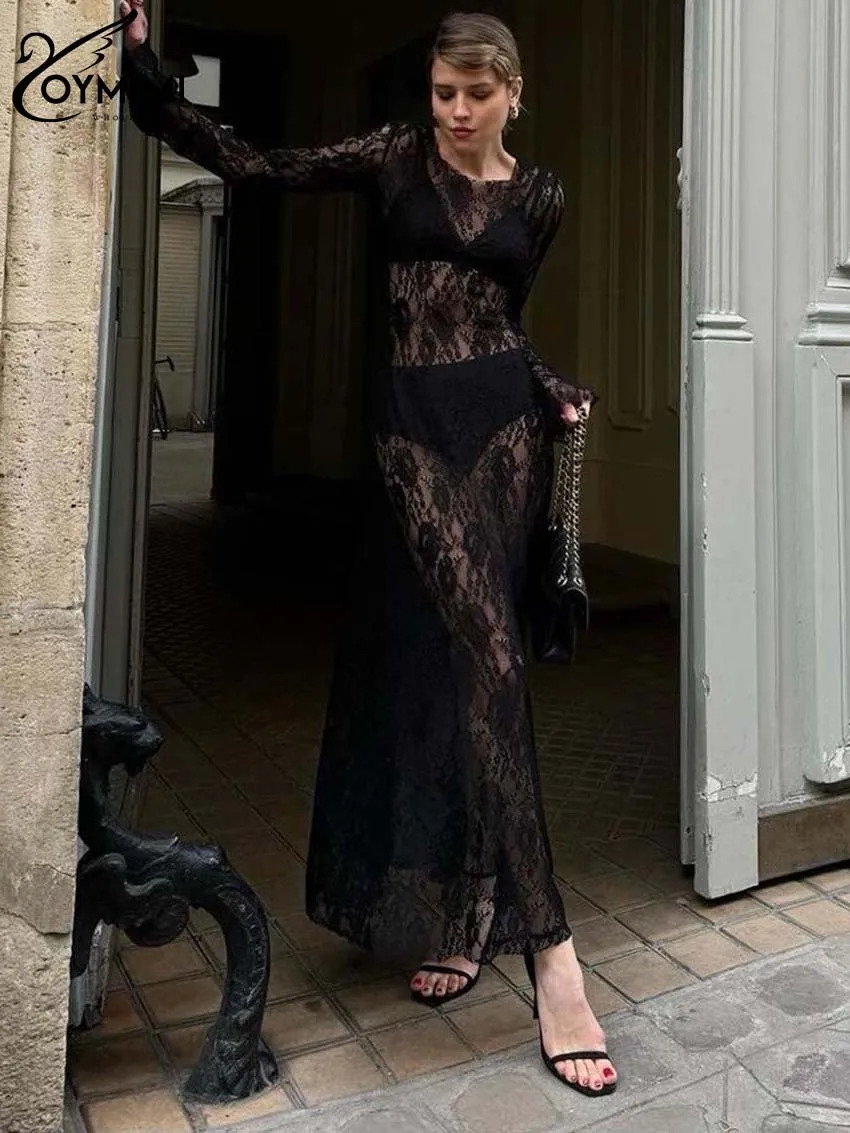 Oymimi Sexy Black Lace Womens Dress Elegant ONeck Long Sleeve Transparent Dresses Fashion Straight AnkleLength Female 250320