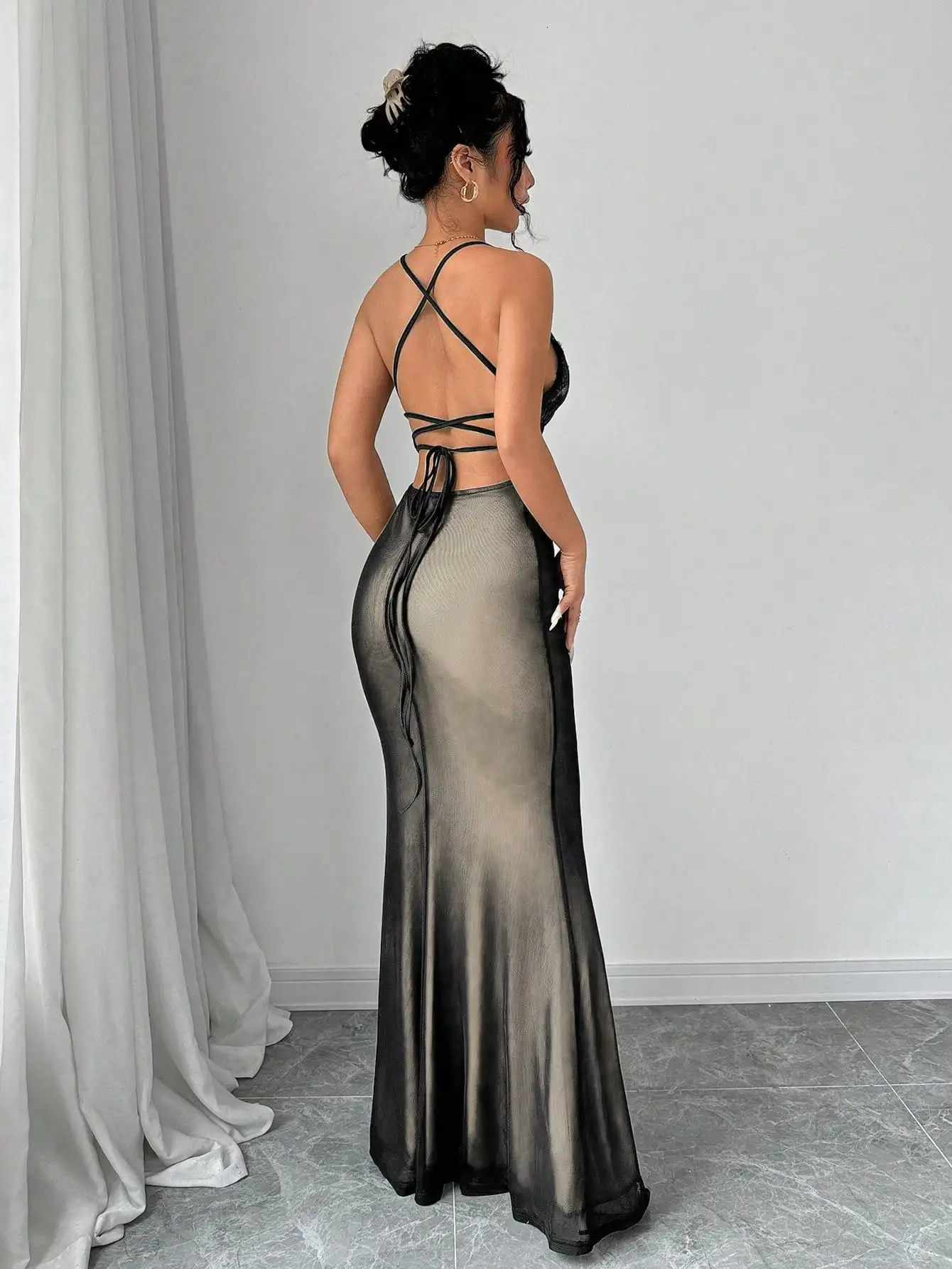 V-neck lace panel Crisscross back fishnet detail womens long skirt 250318