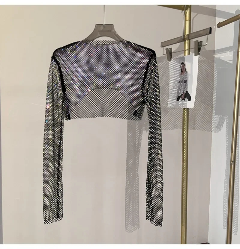 Summer Sexy Colorful Diamond Short Top Womens fix Rhinestone Long Sleeve T-shirt Party Waist Exposure Ladies Fashion 250320