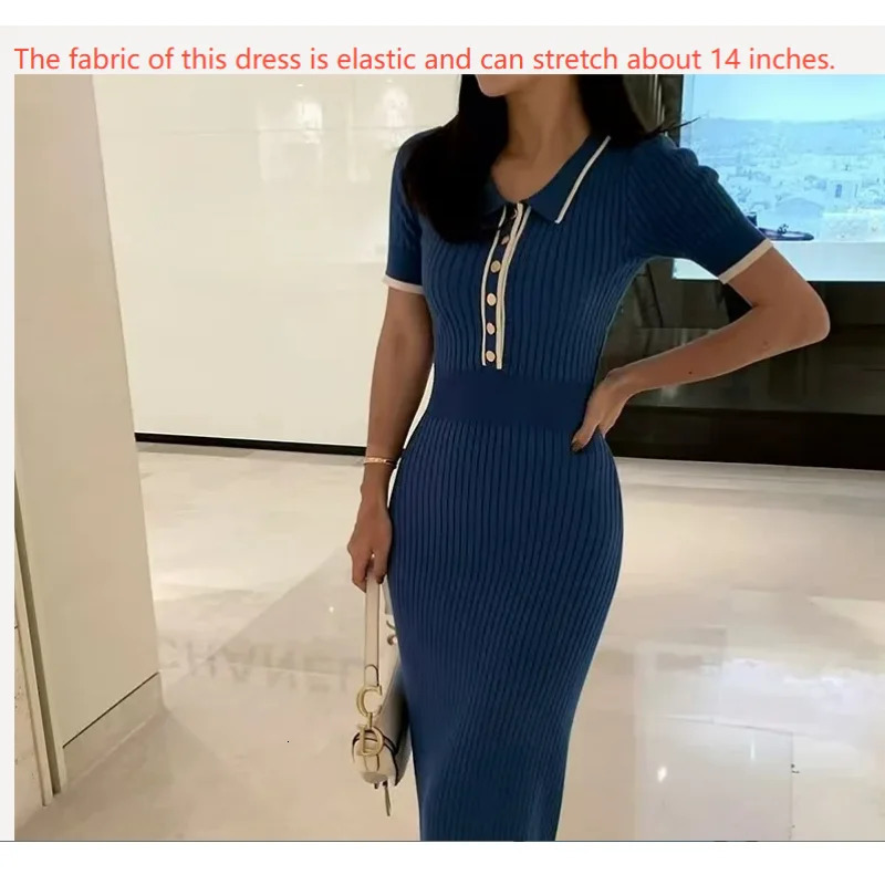 Korean Fashion Womens Knitted Midi Dress Elegant Office Tight Matching Short Sleeve Trend 250320