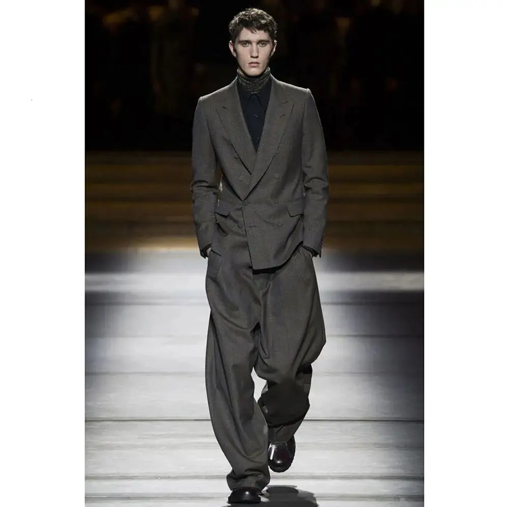 Casual Style Dark Gray Mens Suit 2 Pieces DoubleBreasted Lapel Tuxedo Daily Runway ShowBlazerPants 250311