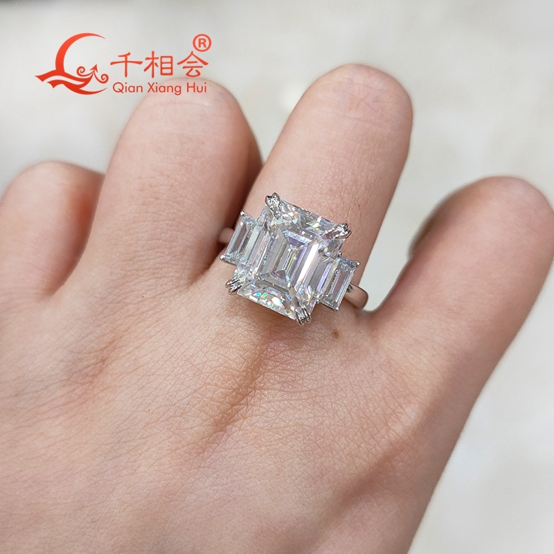 Womens Men 8CT Emerald Cut Moissanite Engagement Ring Three Stones 10x12mm White Diamond Silver 925 Wedding Jewelry