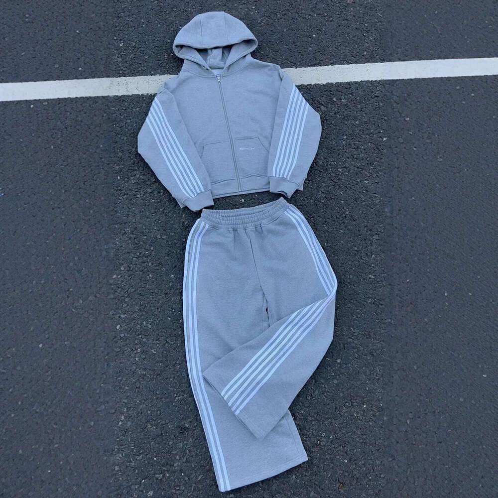 Hip hop brand HCW striped embroidered zipper hooded sweatshirt sports pants two-piece casual set