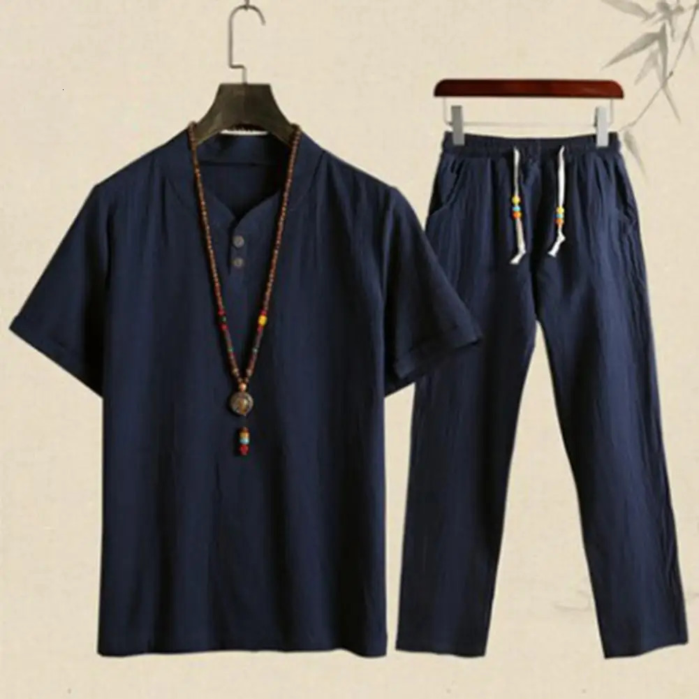 Summer Fashion Men Shirts Trousers Set Cotton And Linen Shirts Short Sleeve Mens Casual Top Pants Men Outfit M-4XL 250320