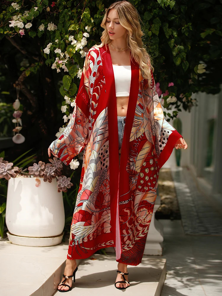 Bohemian style long sleeved beach covered kimono tribal printed cardigan sun protection swimsuit cover 250321