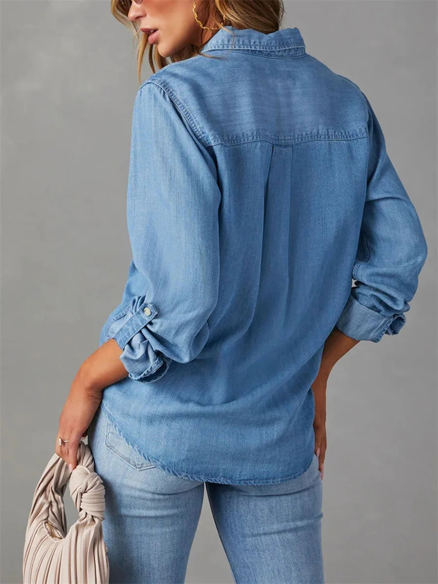 Womens Denim Shirts Solid Color Turn Down Collar Long Sleeve Jean Blouses Spring Loose Casual Tops Streetwear 250317