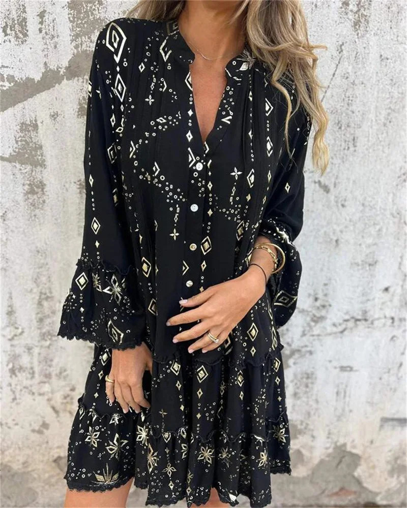 Plus Size Autumn Winter Fashion Casual Solid Color Embossed Fashion Trumpet Lace Sleeve Hollow Out Plus Size Dress Womens 250320