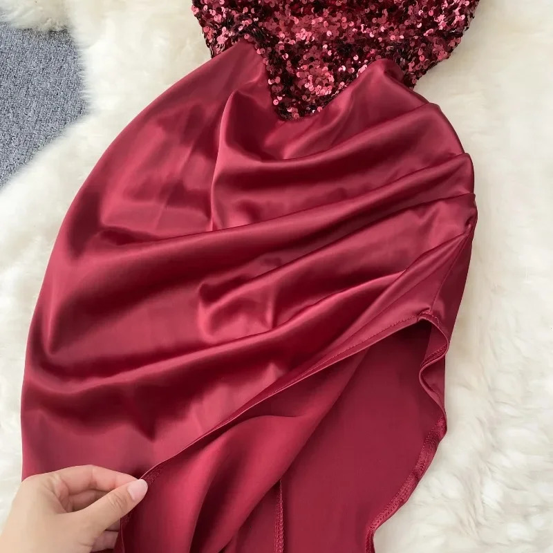 Fashion sequin asymmetrical strapless dress sleeveless Korean fashion vest womens retro summer hip wrap w250320