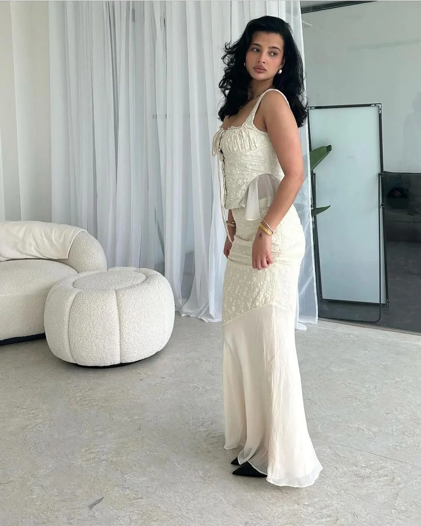 Minigmingxi in Summer 2 Piece Dress Set Elegant and Beautiful Dresses Set Beige Long Matching Set Sexy Mermaid Skirt 250320