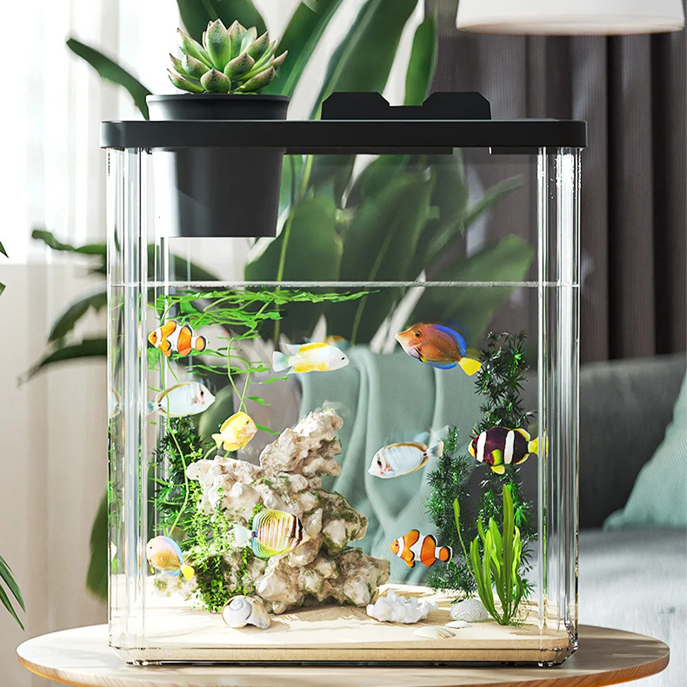 Aquarium Starter Kit Mini Desktop Rectangular Fish Tank with Pump LED Light Simulating 250318