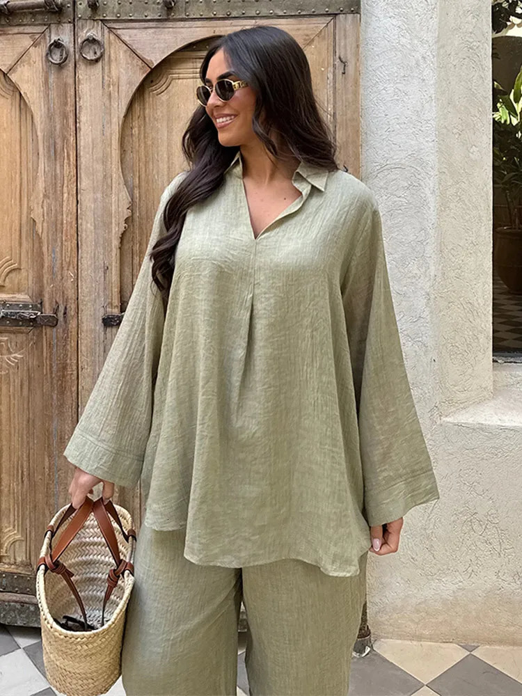 Casual Cotton Linen 2 Piece Sets For Women Loose Long Sleeve Shirts Wide Leg Pants 2025 Spring Summer Solid Outfits Lady 250320