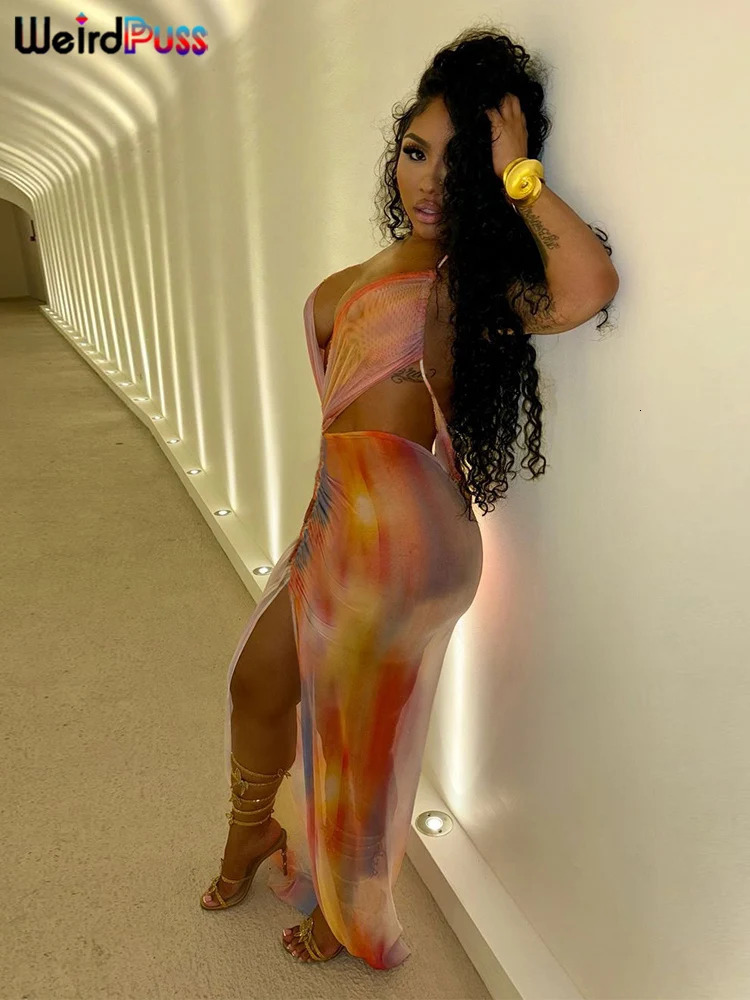 Weird Puss Irregular Ruched Dress Women Sexy Mesh Colorful Gradient Summer Trend Cross Backless Split Hollow Stretch Bodycon 250317