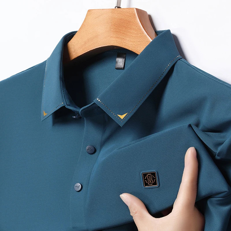 Mens Ice Silk Seamless Polo Shirt High-end Print Short Sleeved Top Summer Cool Breathable T-Shirt Mens Clothing 250320