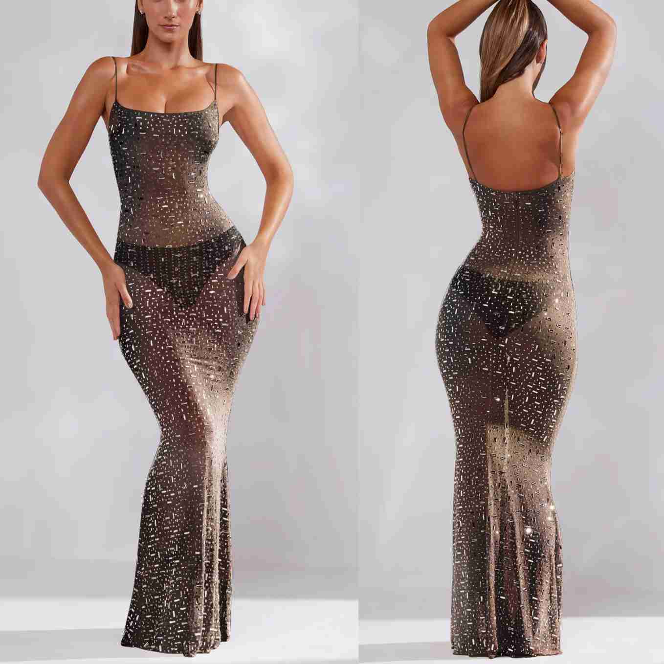 Fashion Women's Solid Color Mesh Hot Diamond Strap Long Dress 250315