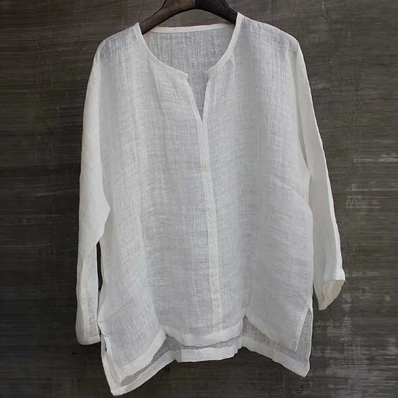 Linen Shirt Men Brief Breathable Comfy Solid Color Long Sleeve Loose Harajuku Casual Blouse Hawaiian Shirts 250317