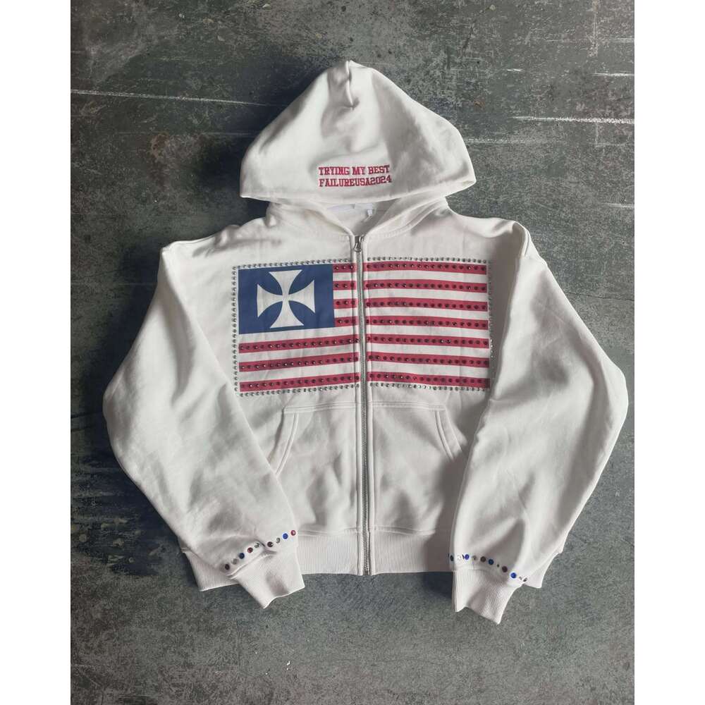 American y2k street patch embroidery loose sports casual zipper hooded sweatshirt jacket