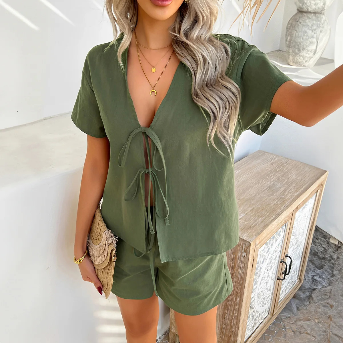 Summer Womens Clothing Sales Solid Color Holiday Style Short Sleeve Lace-up Shirts Top Shorts 2-piece Set Womens Clothing 250320