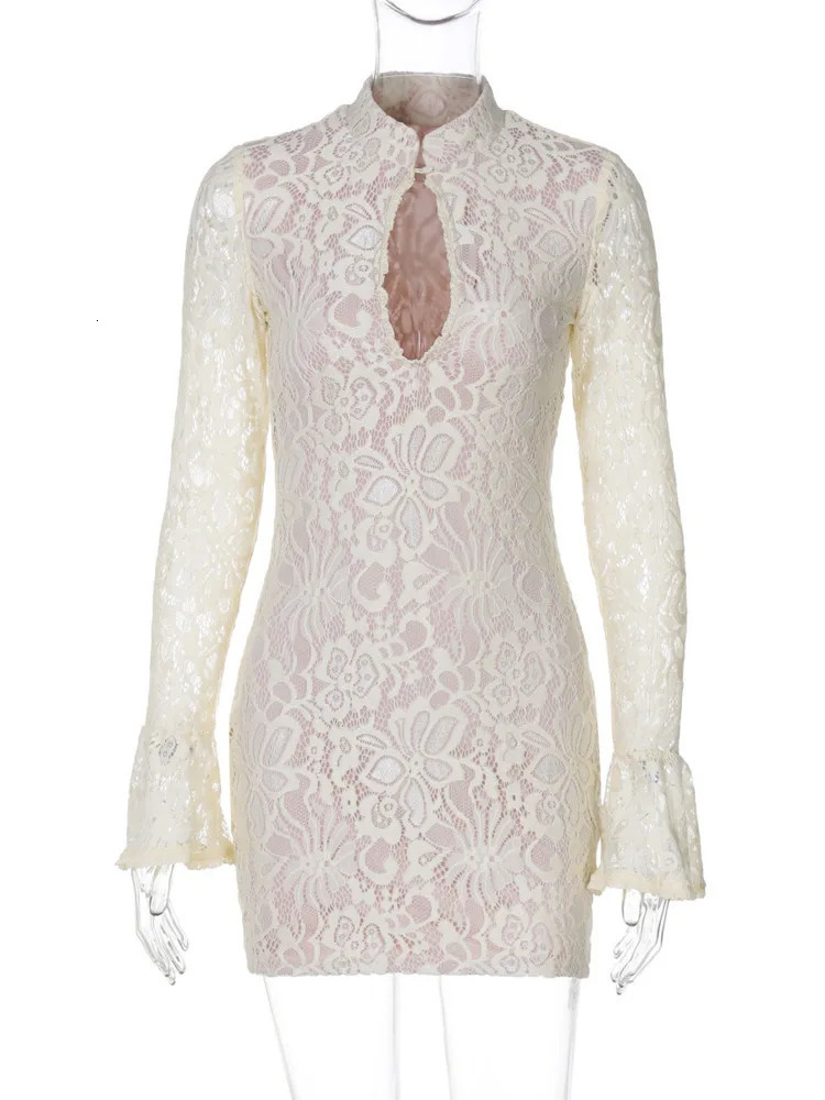 Mozision lace hollow long sleeved sexy mini womens fashion half neck slim fit club party dress elegant 250317