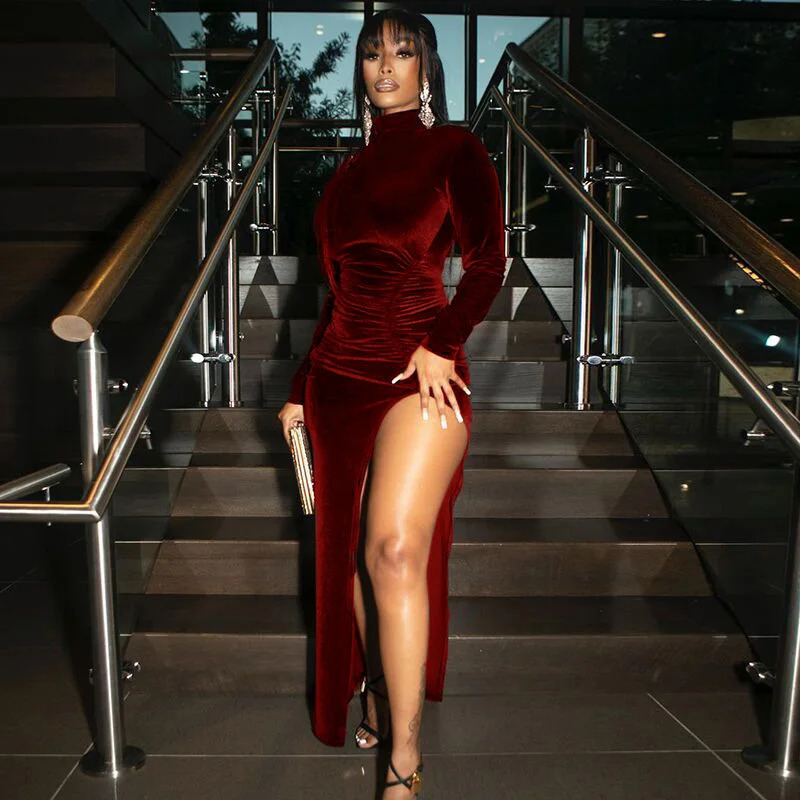 Autumn Winter Women Solid Velvet Long Sleeve Ruched Midi Dress Side Slit Bodycon Sexy Streetwear Party Elegant Club 250320