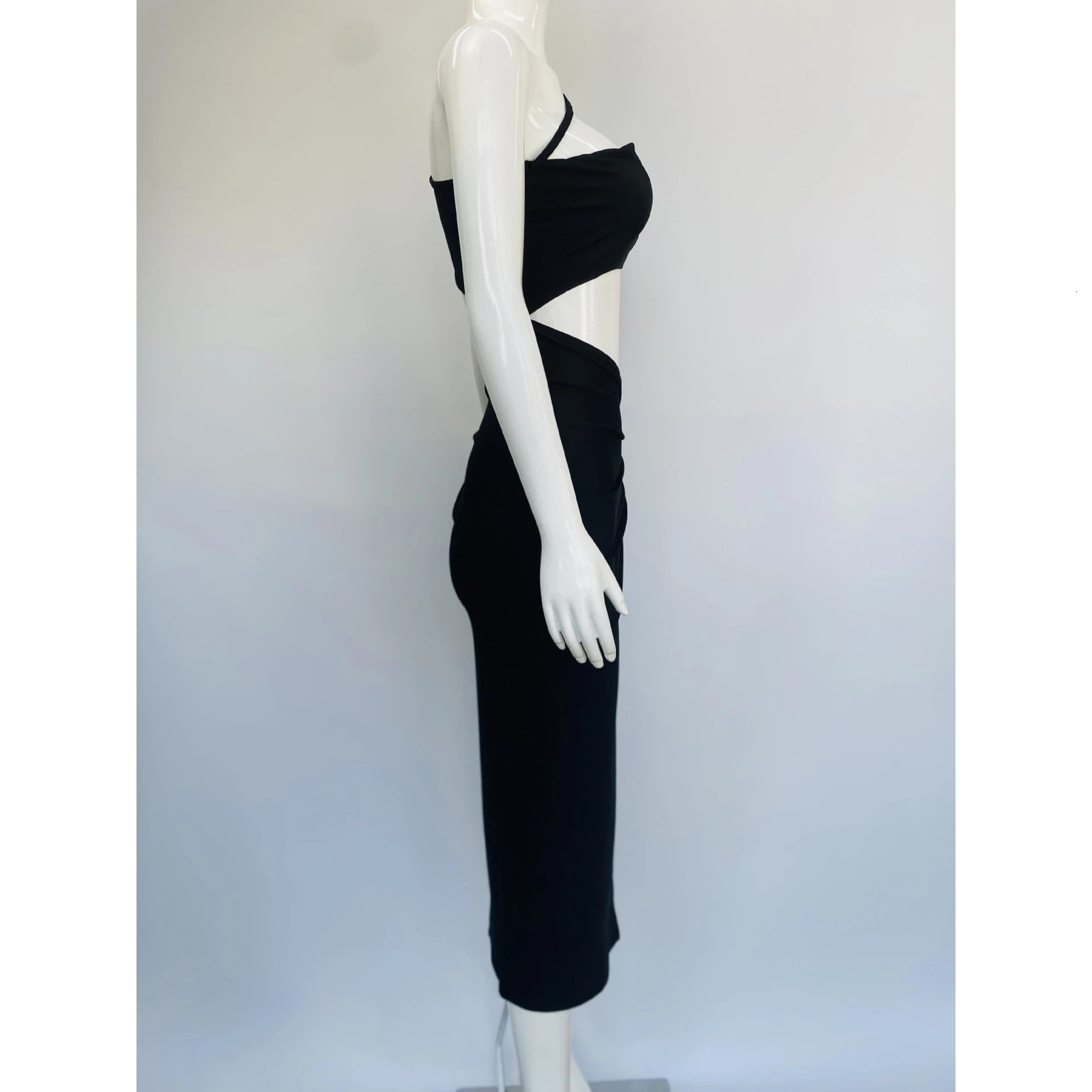 Womens Sleeveless One Shoulder Solid Cut Off Holes Bodycon Split Sexy Nightclub Party Dress 250320