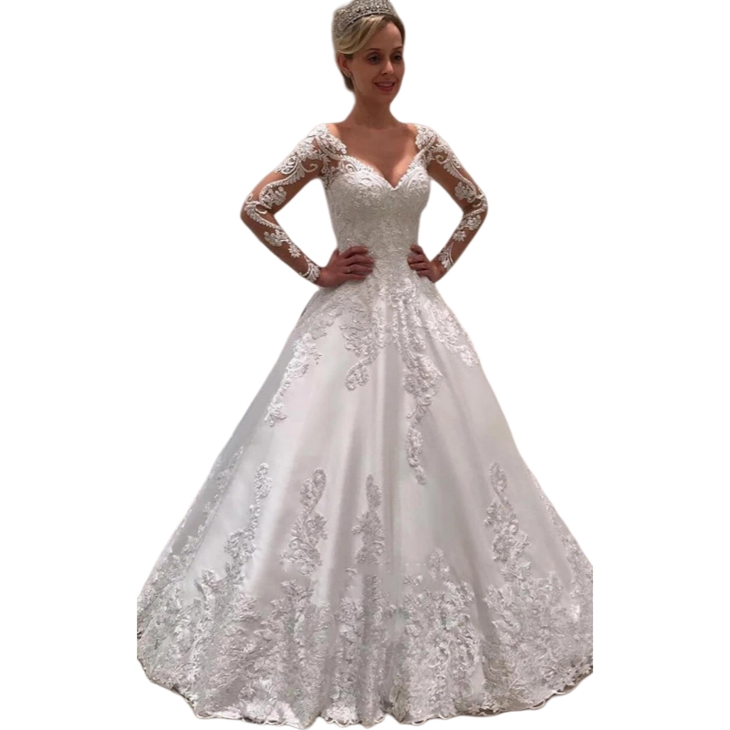 Elegant Satin A-Line Wedding Dresses Long Sleeves Lace Appliques V-neck Illusion Back Buttons Classic Bridal Gowns Sweep Train 2025
