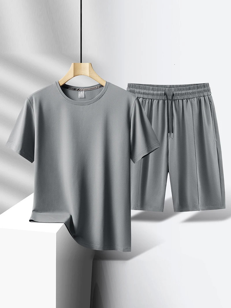 2 Piece Set Gym Clothes Men Summer Workout Tracksuit Quick Dry Breathable Cooling Short Sleeve Training Clothes Fitness Running 250320