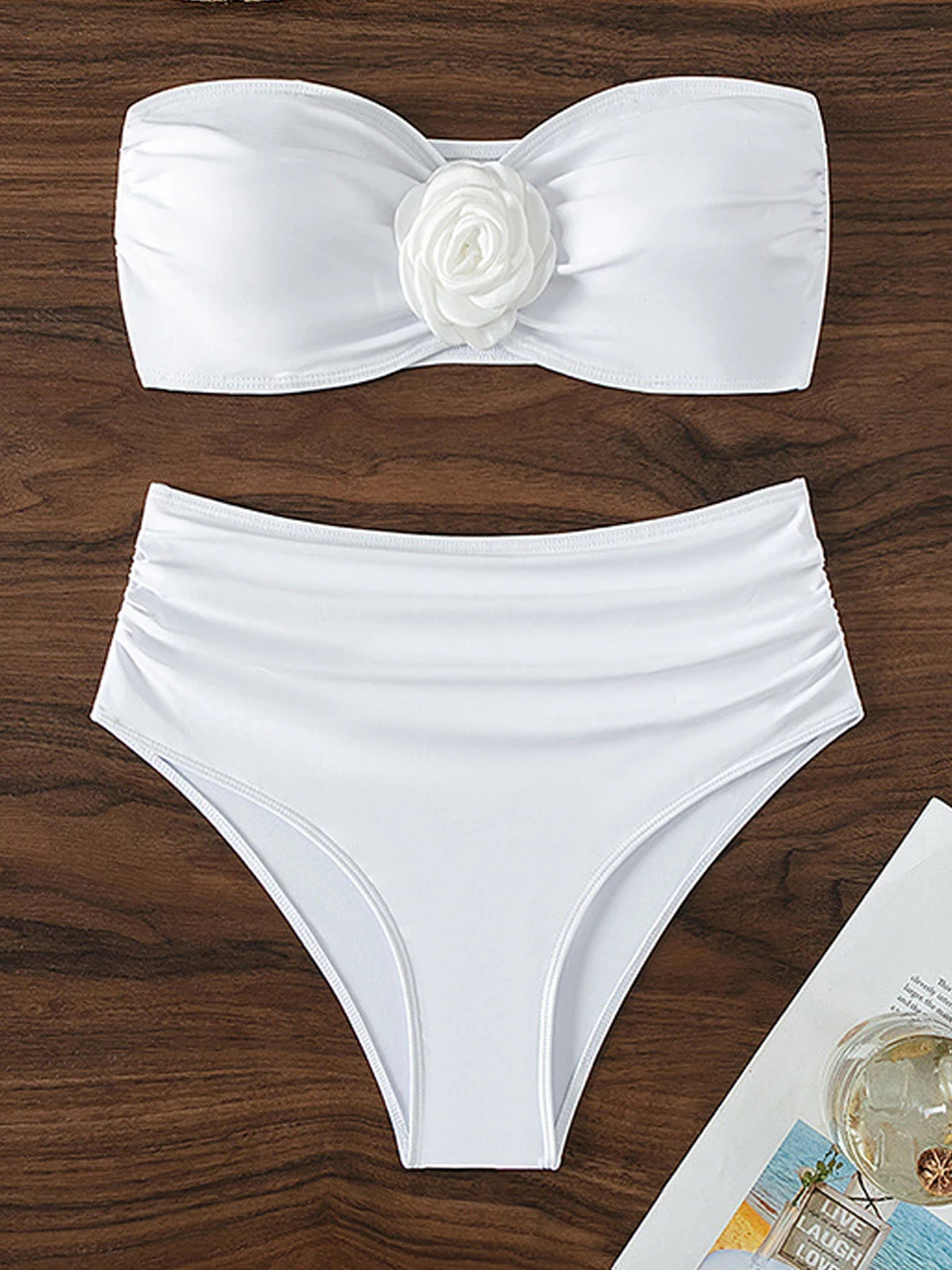 Bandeau bikini front 3D floral decoration swimsuit womens high waisted solid swimsuit elegant beachwear summer swimsuit 250314