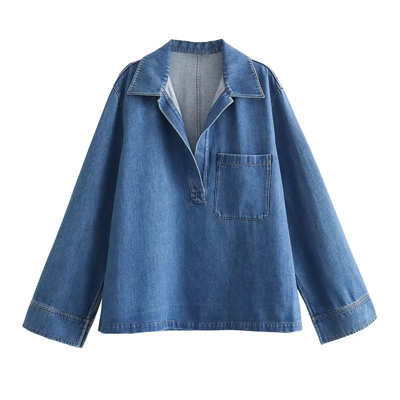 Willshela Womens Fashion Pocket Denim Solid Shirt Retro Collar Long Sleeve Womens Fashion Womens Shirt 250317