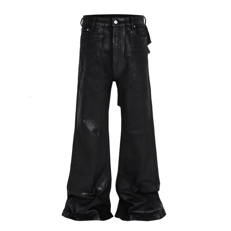 PFNW High Street Coated Brushed Micro Flare Drag Black Jeans Mens Loose Elastic Waxing Trouser Niche n 28W5688 250317